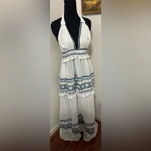 Dodo Bar Or “David” Halter Tie Blue & White Maxi Dress - Size L / 10 NWT